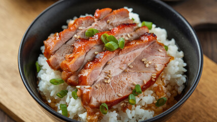 A bowl of rice and meat with green onions. The meat is cut into thin slices and is served with rice