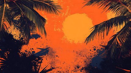 Abstract summer background with palm trees, sun and orange color
