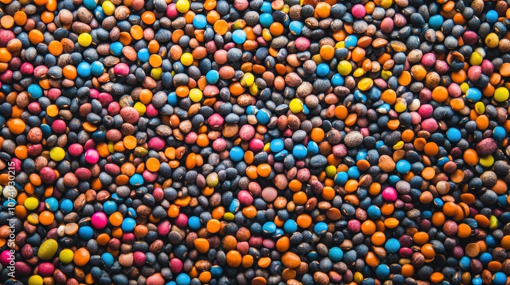 Poster colorful beans, lentils, and seeds are arranged in an abstract pattern, showcasing a variety of text
