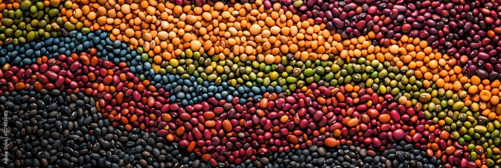 Aufkleber An intricate arrangement of colorful beans, lentils, and seeds forms a striking abstract pattern full of diverse hues and textures. Generative AI