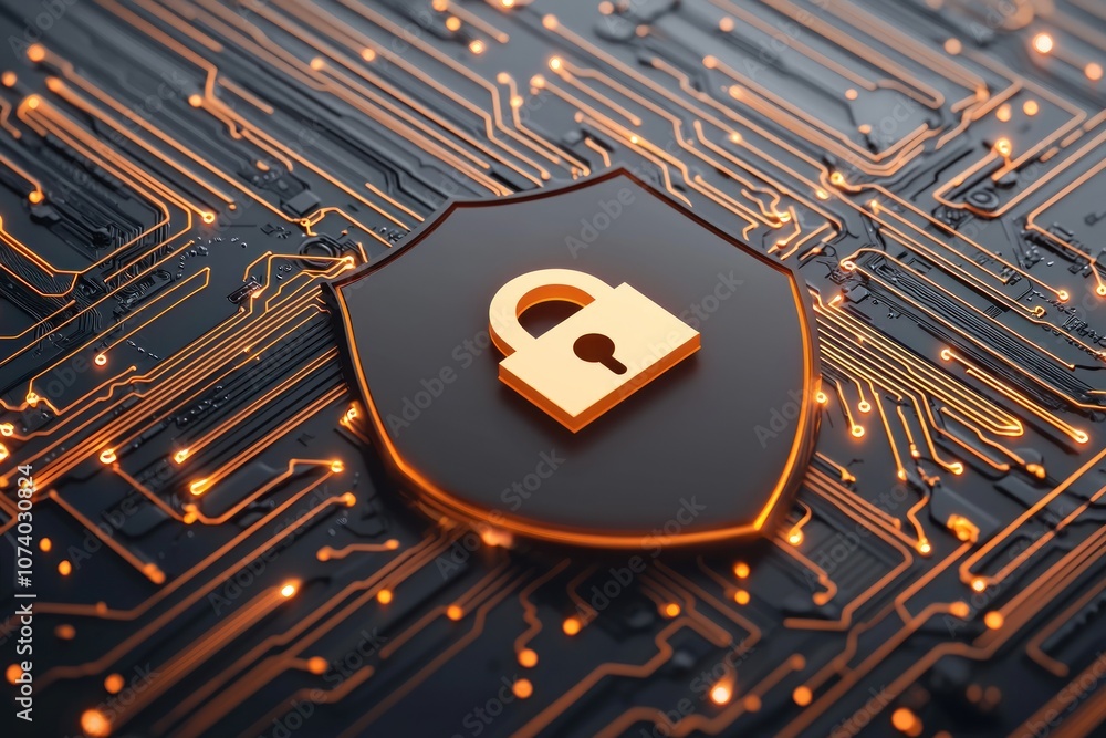 Poster a golden padlock inside a shield on a circuit board
