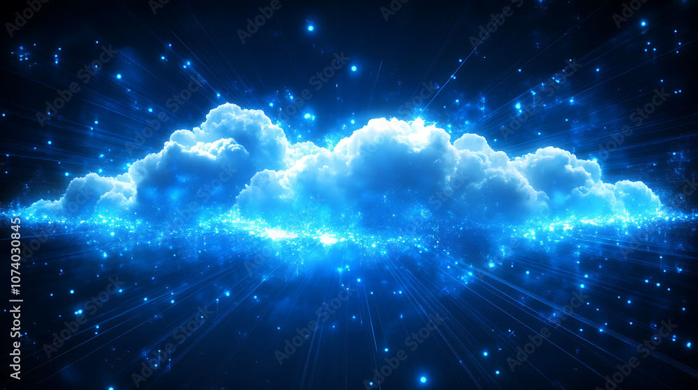 Poster data and cloud computing technology, glowing lines in a blue background