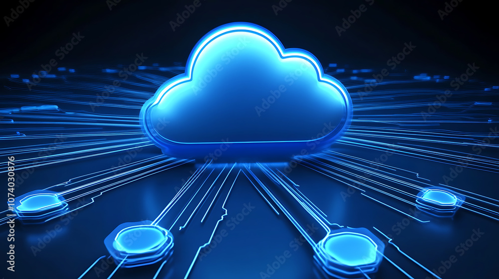 Poster Data and cloud computing technology, glowing lines in a blue background