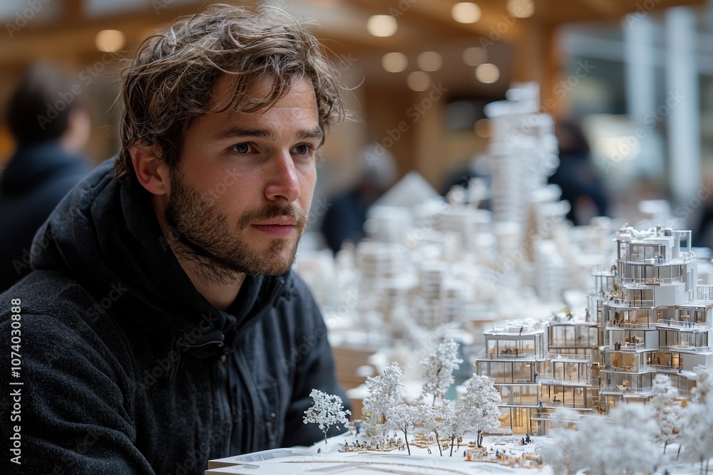 Poster man looking at a detailed architectural model of a cityscape