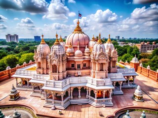 Aerial View of BAPS Temple in Atlanta Surrounded by Lush Greenery and Urban Landscape, Showcasing Intricate Architecture and Cultural Heritage in Bright Daylight