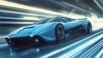 Obraz premium Blue business car rushing on highspeed highway front side view digital illustration