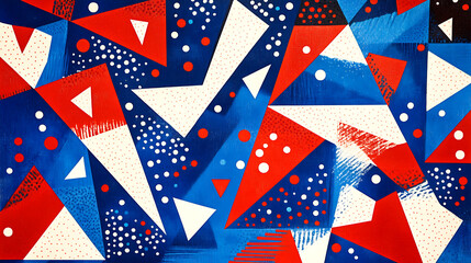 Obraz premium Pattern with blue and white stripes, red triangles and geometric shapes