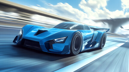 Blue business car rushing on highspeed highway front side view digital illustration