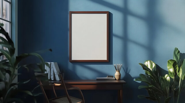 Blank framed a2 poster mockup on stylish apartment wall ready for customization 3d rendering