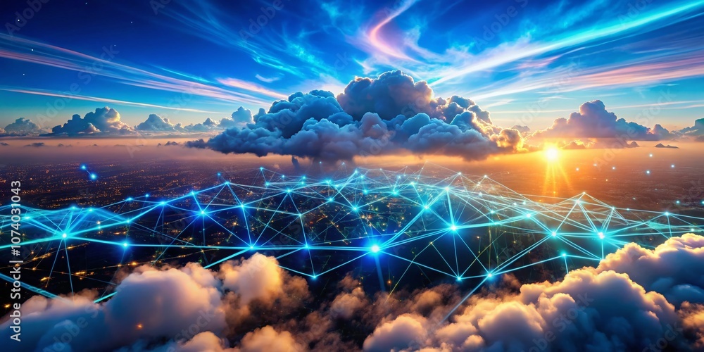 Poster aerial view of cloud computing concepts showcasing digital transformation with drone photography, hi