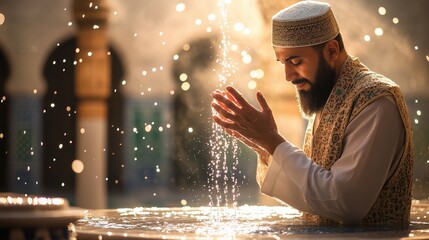 In the calm of early morning, a Muslim man engages in ablution at a courtyard fountain, preparing for prayer amidst sparkling water droplets