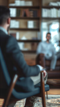 Man at meeting with male psychologist. Vertical blurred image