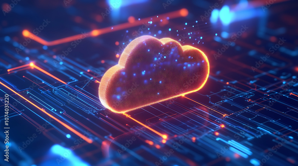 Poster Data and cloud computing technology, glowing lines in a blue background