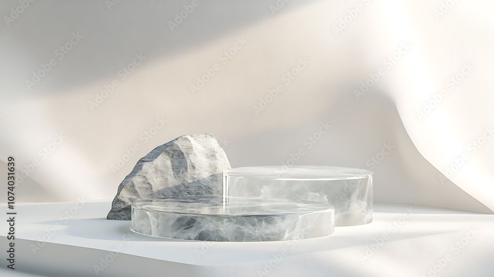 Poster elegant clear glass stone podium on white background with subtle light effects 3d rendering illustra
