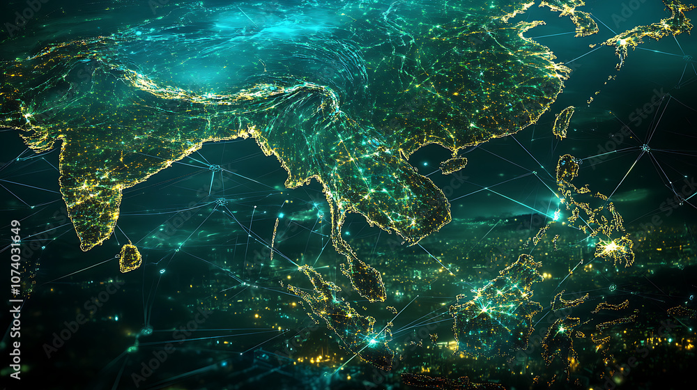 Poster digital map of southeast asia with glowing network connections representing global connectivity data