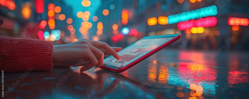 Poster person using tablet computer with city lights reflections in the rain