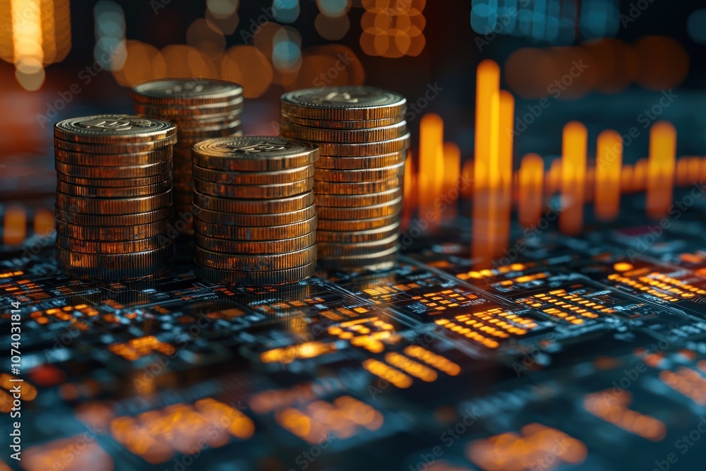 Poster stacks of gold coins on a circuit board with a blurred financial chart background
