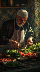 In the afternoon light, a Muslim man skillfully chops fresh vegetables, surrounded by an array of colorful produce, showcasing his cooking dedication and cultural heritage