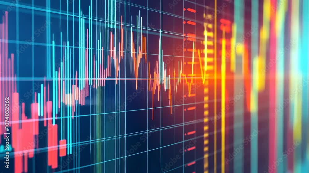 Poster a close-up shot of a stock market chart on a computer screen, showing red and blue lines fluctuating