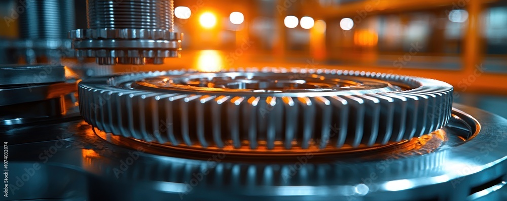 Poster close-up of a shiny metal gear in a factory setting