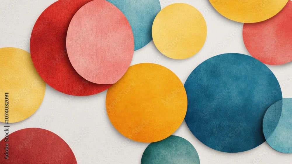 Poster minimalist circles overlapping on a white background, soft shadows adding an abstract touch
