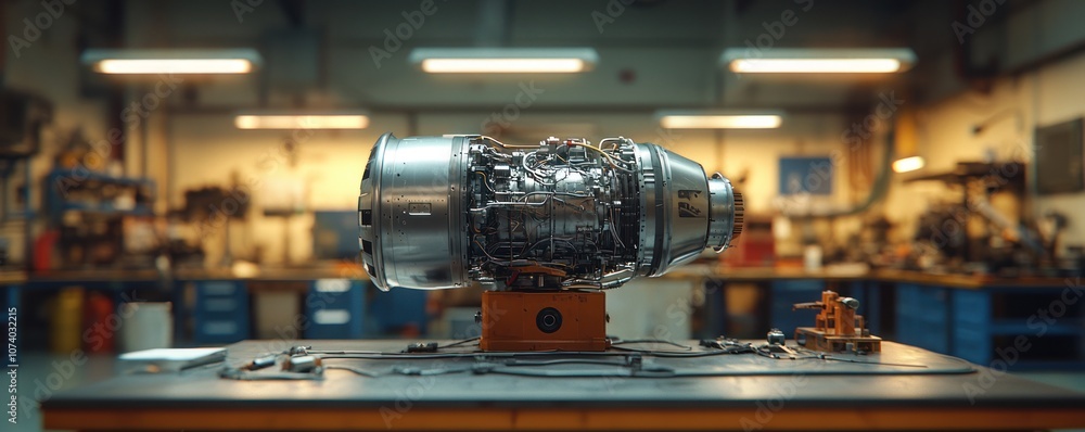 Poster A Close-Up of a Jet Engine on a Workbench in a Workshop