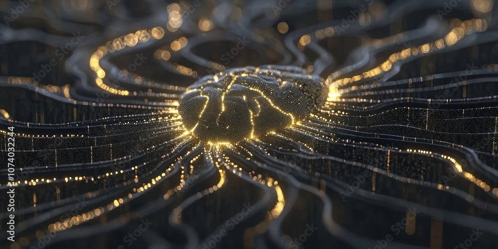 Aufkleber a golden brain emitting light within a network of lines