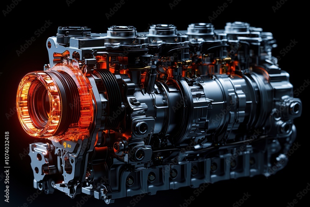 Poster detailed view of a modern internal combustion engine with glowing components