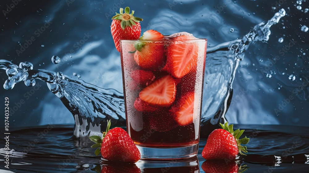 Poster a chilled glass filled with strawberries and ice showcases water splashing around it creating a vibr
