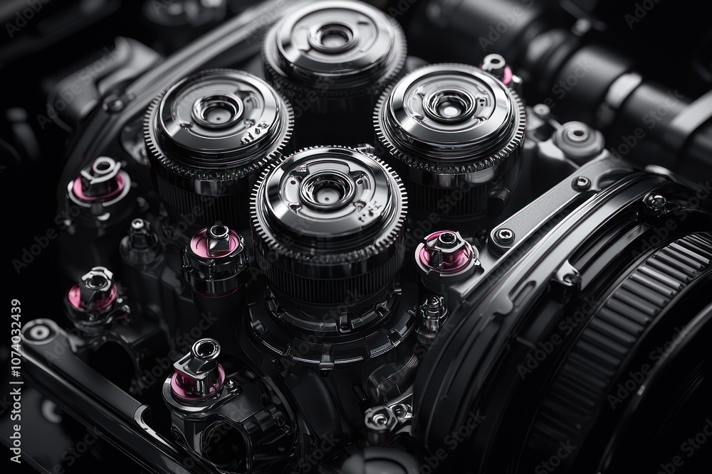 Poster close-up of a complex metallic engine mechanism