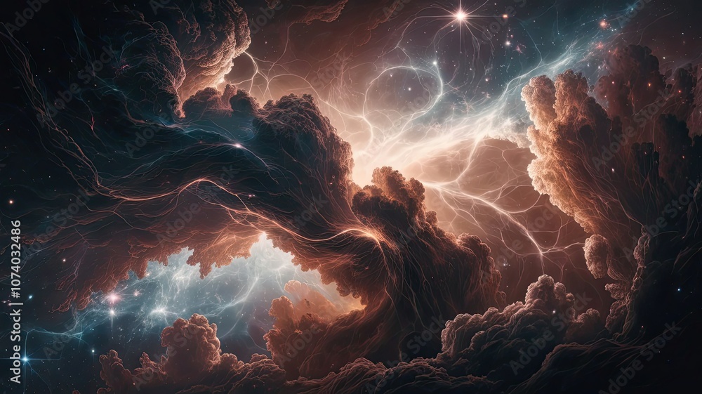 Poster swirling cosmic clouds bathed in vibrant colors create a captivating view of the universe showcasing