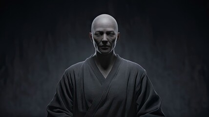 A bald figure sits cross legged wearing a simple robe exuding calm as they meditate in a dark minimalist environment