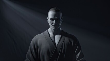 A muscular figure dressed in traditional attire reflects deeply in a sparse shadowy environment highlighting inner strength and solitude in a silent moment