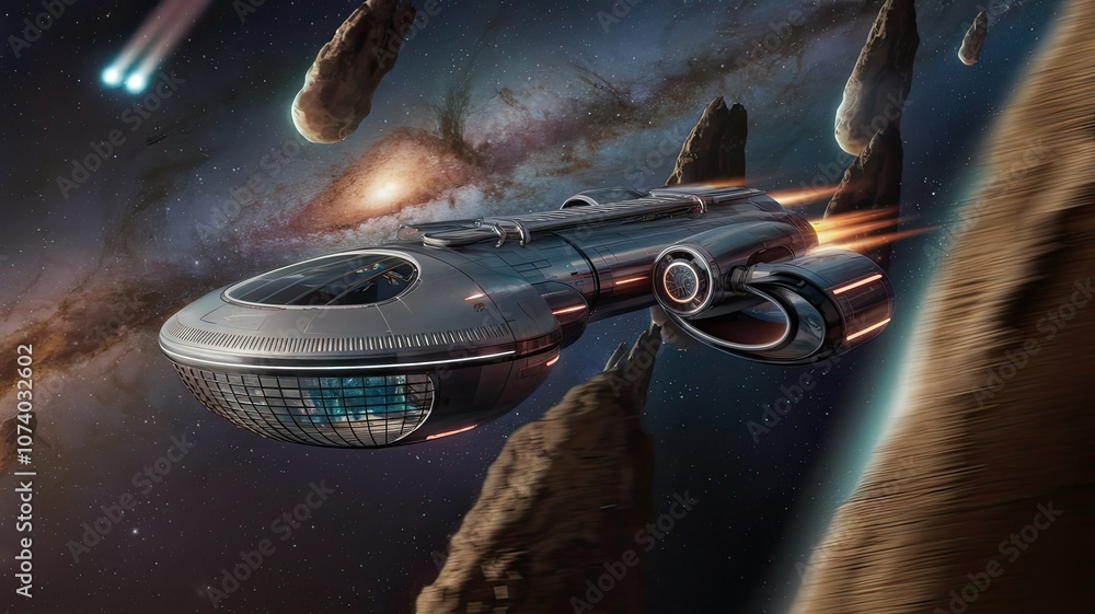Poster a futuristic spaceship maneuvers skillfully through a dense asteroid field surrounded by vibrant sta