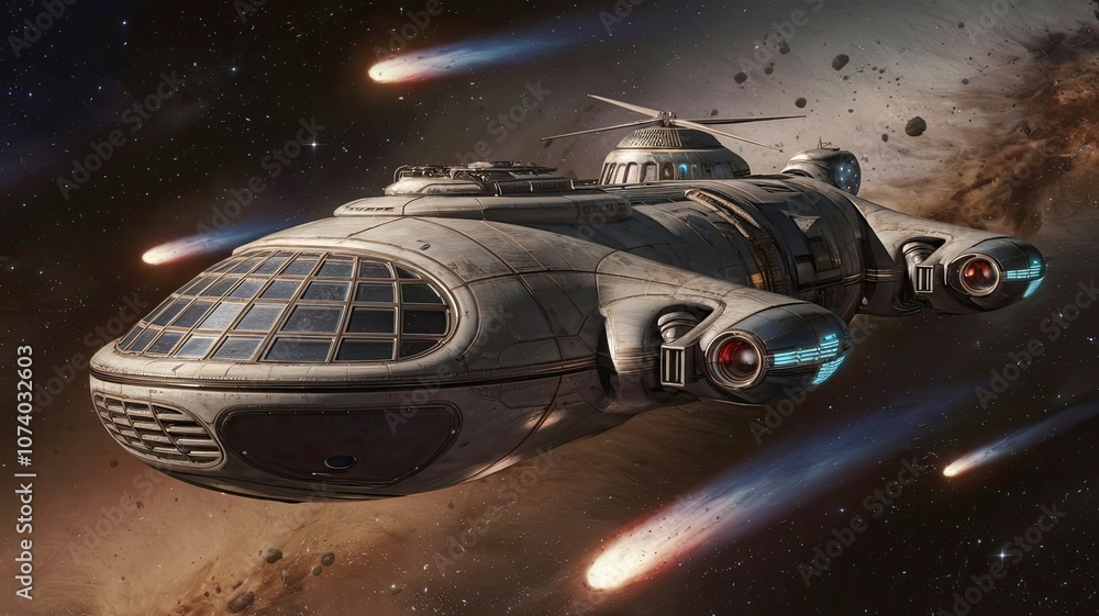 Poster this spacecraft is expertly maneuvering through a dense asteroid field while comets streak across th