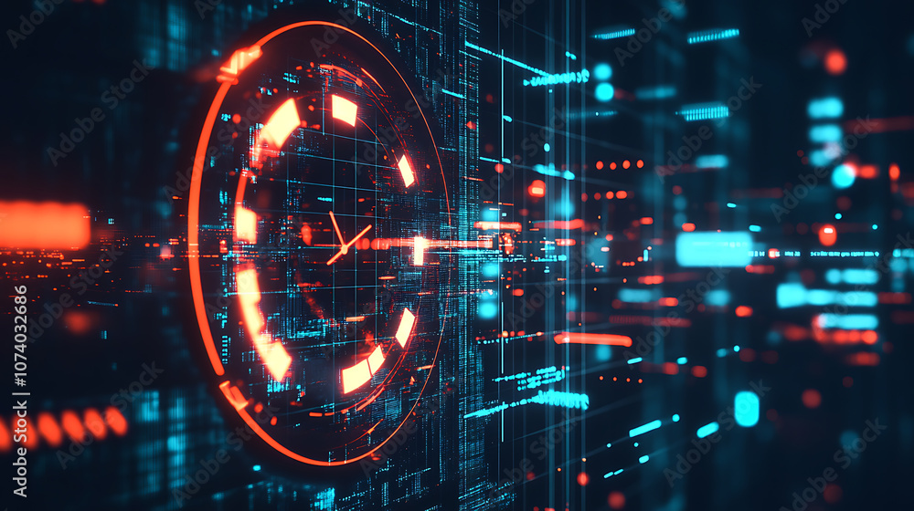 Poster Futuristic digital clock with abstract data visualization time management concept
