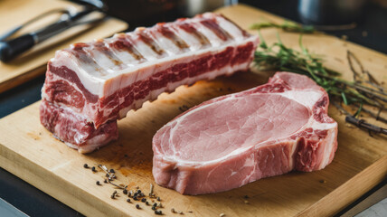 Fototapeta premium A piece of meat is on a wooden cutting board with some herbs and spices. The meat is cut into two pieces, one of which is a rib. The herbs and spices give the meat a flavorful and aromatic appearance