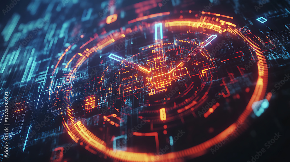 Poster Futuristic digital clock with abstract data visualization time management concept