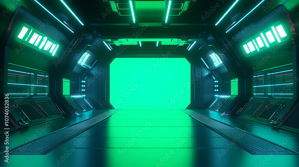 Poster futuristic green screen studio setup with chroma key background ideal for video production virtual e
