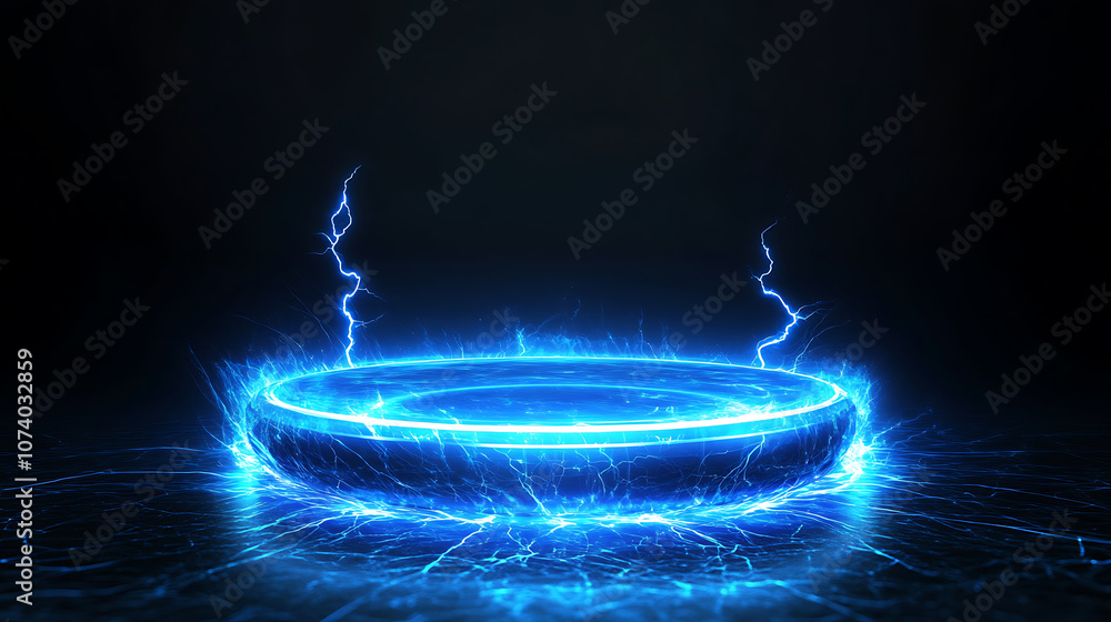 Poster futuristic glowing blue hologram circles with lightning plasma portal isolated on black digital abst
