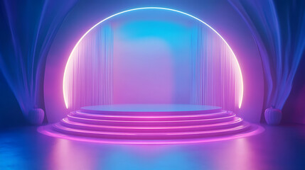 Futuristic spotlight stage with vivid blue gradient for product showcase 3d rendering