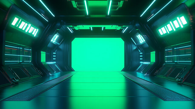 Futuristic green screen studio setup with chroma key background ideal for video production virtual events or special effects compositing