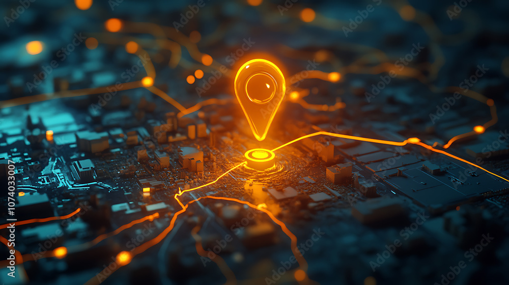 Aufkleber Glowing location pin on an interactive map with multiple trails, representing the concept of route hideout and tracking in real time, with an orange glow and blurred background