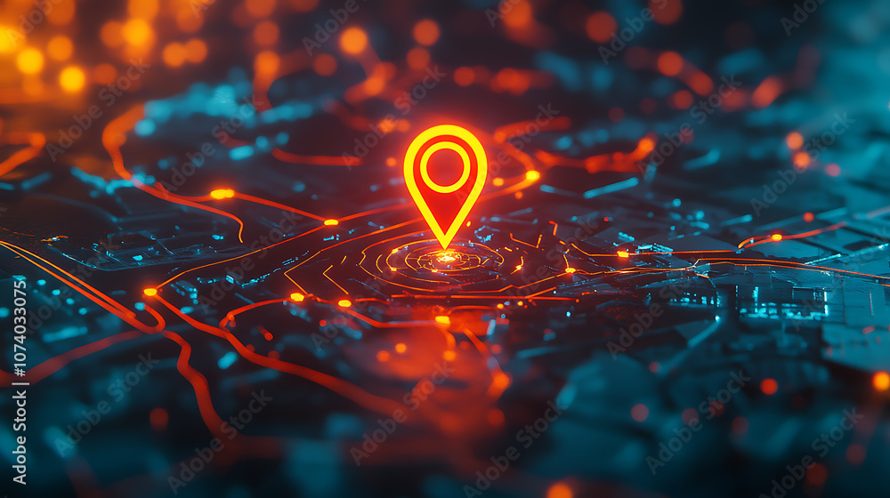 Poster Glowing location pin on an interactive map with multiple trails, representing the concept of route hideout and tracking in real time, with an orange glow and blurred background