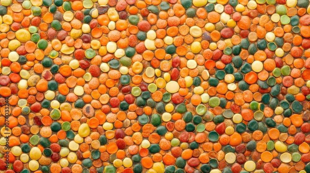 Poster colorful beans, lentils, and seeds form an intricate abstract pattern, showcasing diverse shapes and
