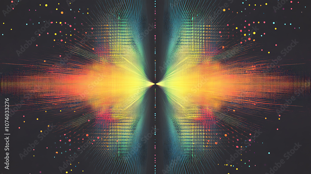 Aufkleber graphic design featuring two symmetrical lines of colorful data points, representing the concept and