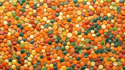 Fototapeta premium Colorful beans, lentils, and seeds form an intricate abstract pattern, showcasing diverse shapes and hues in an artistic display. Generative AI