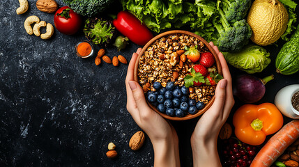 Healthy eating, with smart coloring, Hands holding a bowl of granola and blueberries on a dark background, surrounded by nuts, fruits, vegetables, milk or water icons, top view