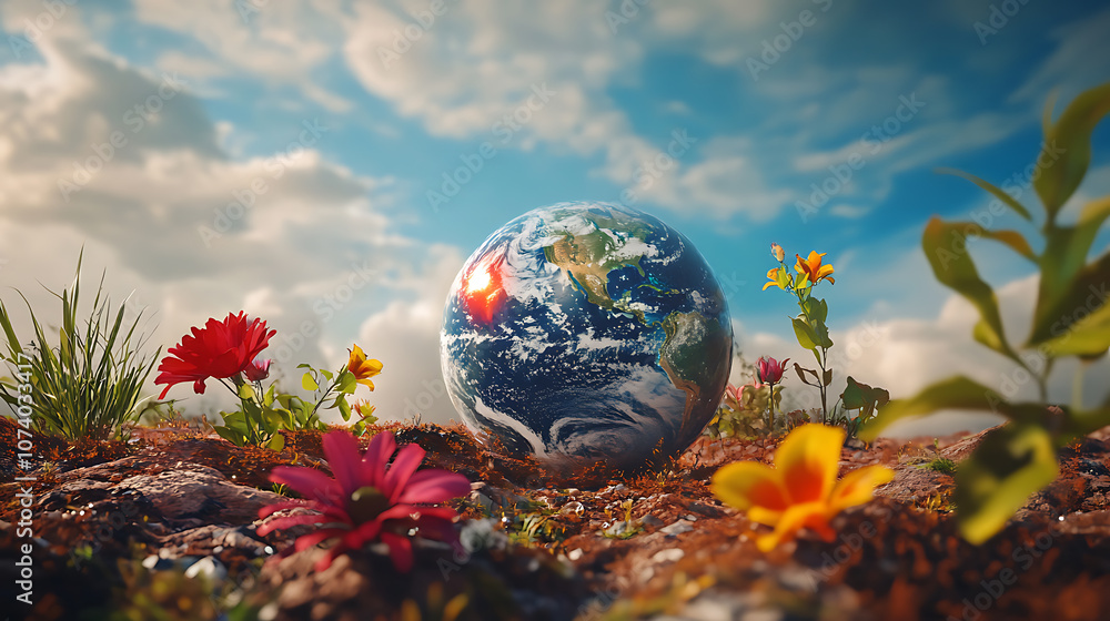 Poster Imaginative concept of vibrant earth planet on ground representing optimism and bright side of life 3d rendering