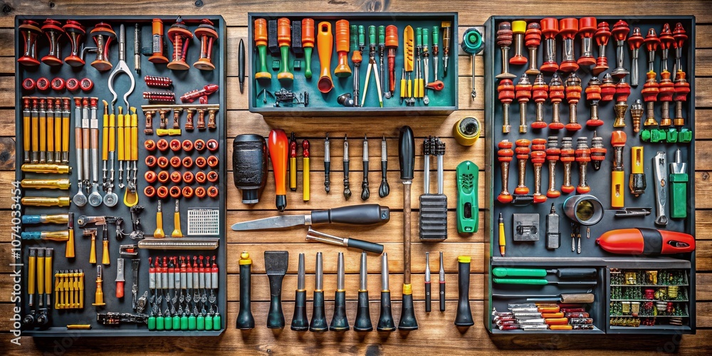 Aufkleber aerial view of screwdriver and removable bits arrangement on a workbench surrounded by tools and acc